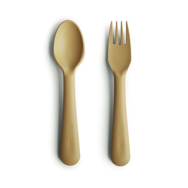 Cutlery | Mushie Cutlery | Fork + Spoon | Mustard | La Romi